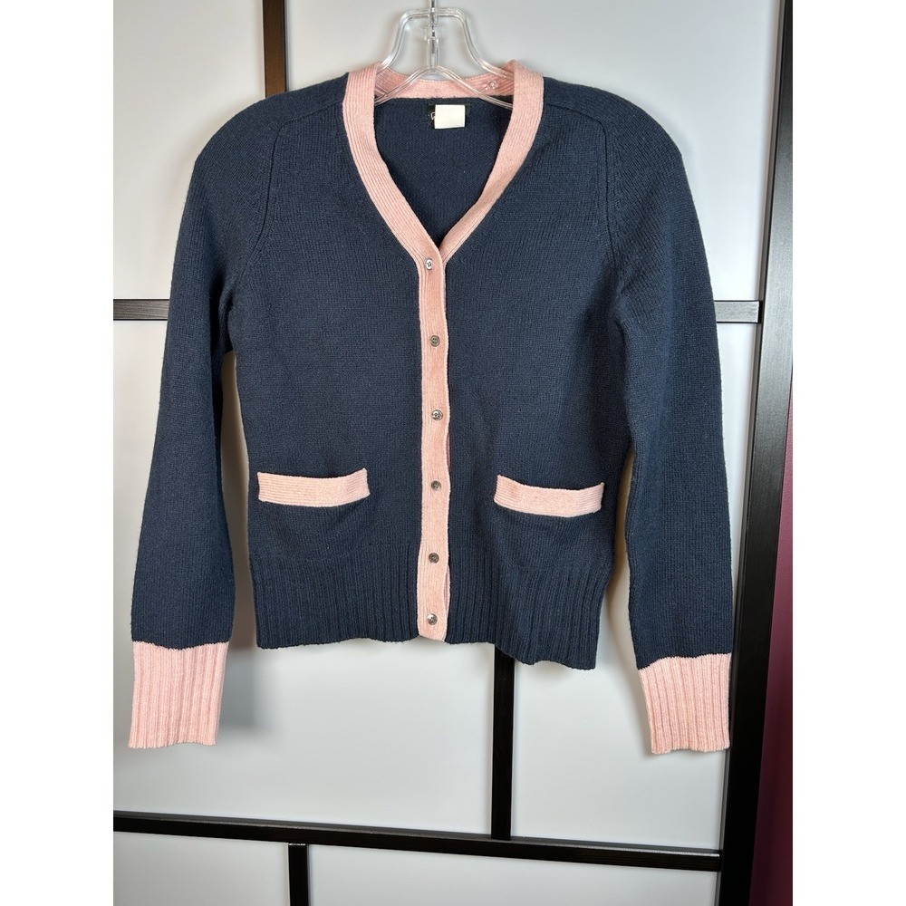 Vintage J.Crew 100% Lambswool V-Neck Cardigan Sweater Navy Pink Contrast Trim XS